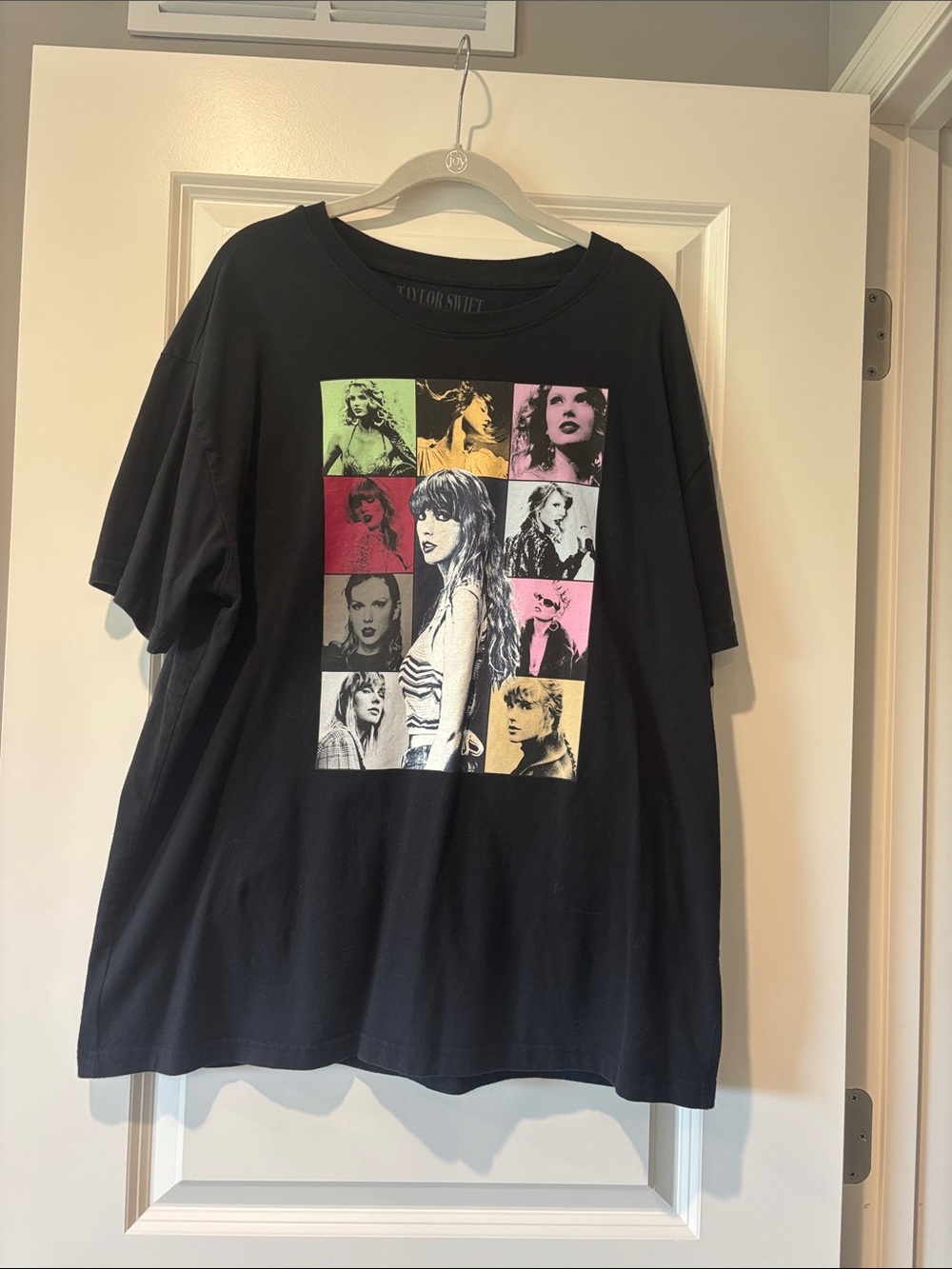Taylor Swift Black Tee with Pink, Green, Yellow & Red Photo Grid